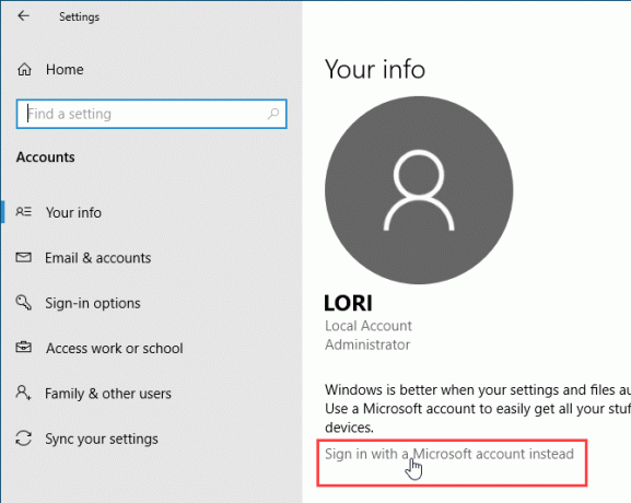 Conectați-vă cu un cont Microsoft în locul setărilor Windows 10