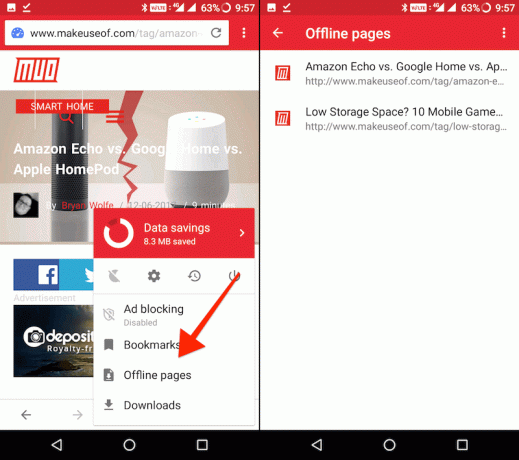 salvați paginile offline cu Opera mini - secțiunea de pagini offline