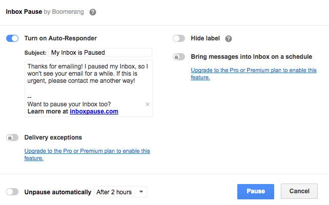 Faceți Gmail mai puțin distragător prin întreruperea e-mailurilor primite pentru o durată de timp Boomerang Pause 2