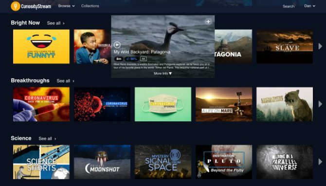 Ecran de pornire CuriosityStream care arată selecția de emisiuni de vizionat