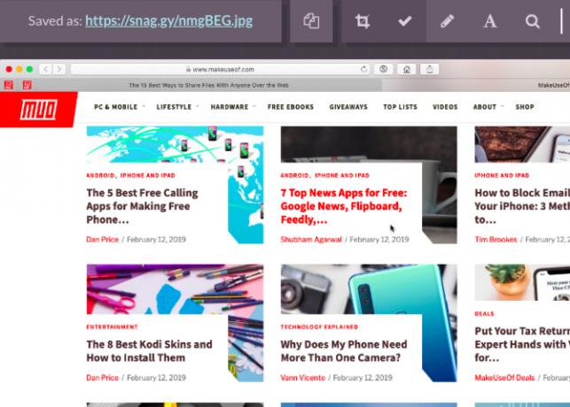 Captura de ecran MakeUseOf homepage în editorul de imagini al lui Snaggy