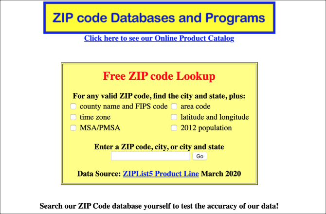 Pagina principală cu informații despre zip