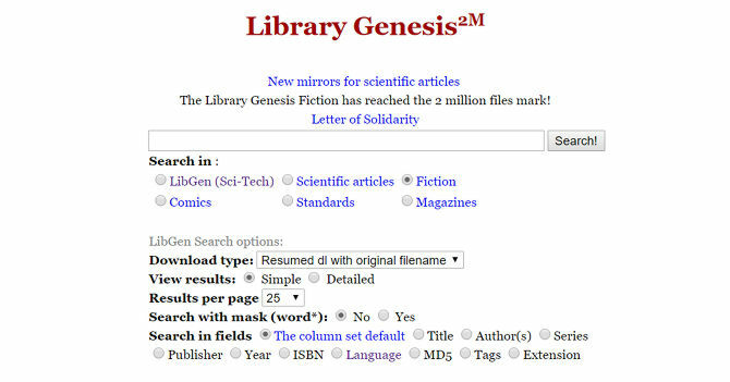 Această captură de ecran prezintă meniul principal al distribuitorului de ebookuri gratuit, Library Genesis