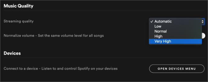 Setările Spotify care prezintă opțiunea de înaltă calitate a muzicii