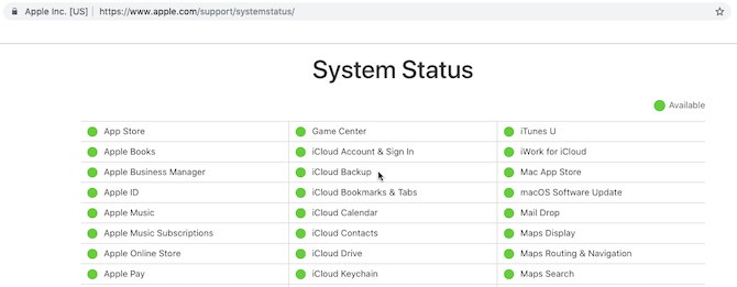 Pagina web Apple System Status