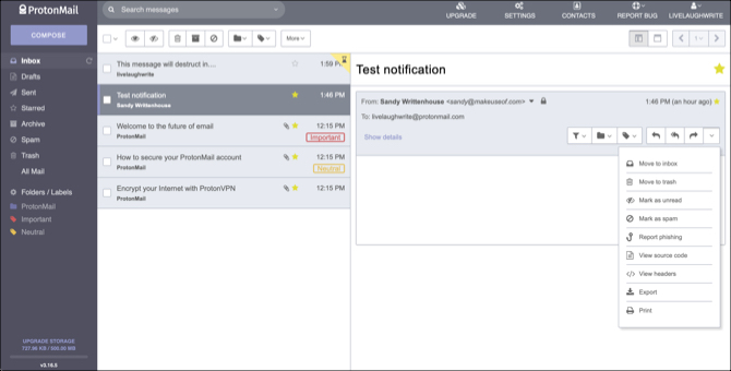 Acțiuni rapide de e-mail ProtonMail