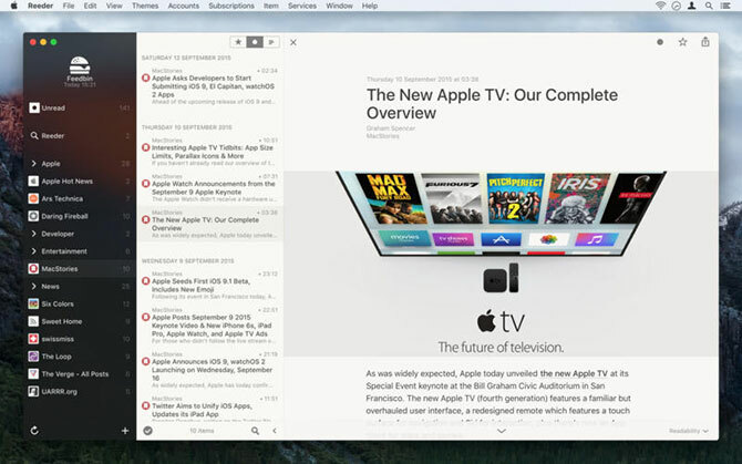 Reeder interfață cititor RSS pe Mac