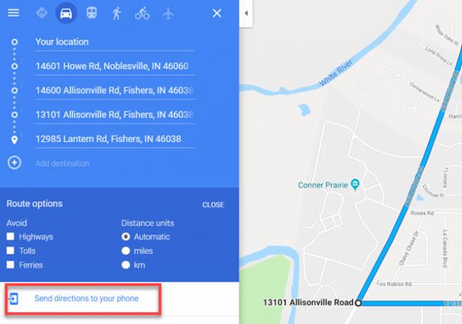 Google Maps Trimite ruta către telefon