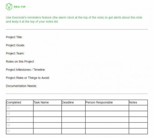 Model de plan de proiect Evernote