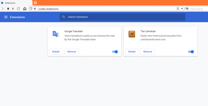 Captură de ecran a paginii de extensii Vivaldi