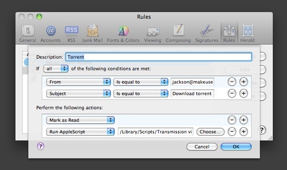Cum de a declanșa de la distanță un torrent descărcați prin e-mail [Mac] regula de mail