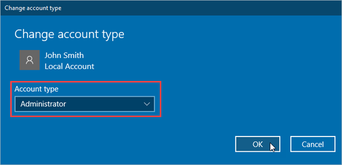 Modificați tipul de cont în setările Windows 10