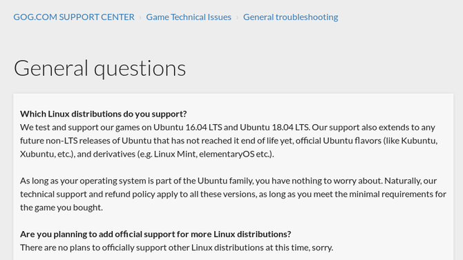GOG.com afișează versiuni acceptate de Linux