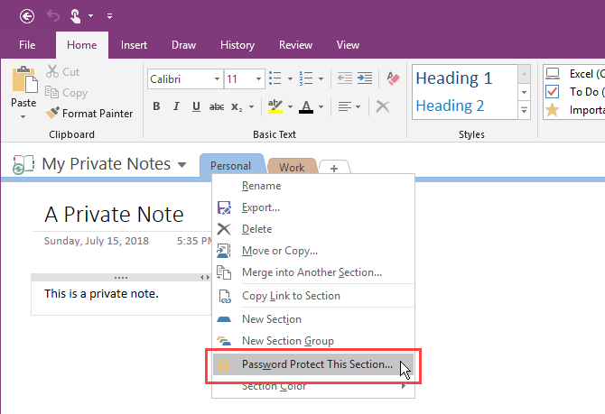 Selectați Parola Protecți această secțiune în OneNote 2016