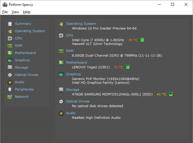 Aceasta este o captură de ecran a unuia dintre cele mai bune programe Windows. Se numește Piriform Speccy