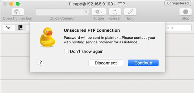 Avertisment FTP nesigur în CyberDuck