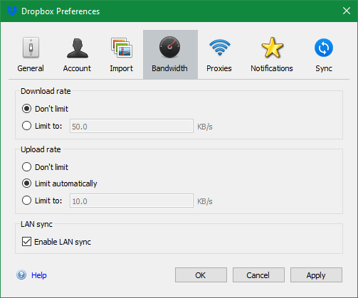 Lățimea de bandă a limitei Dropbox