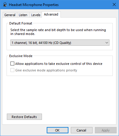 Windows 10 Mic Properties avansat