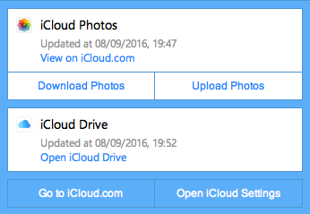 Captura de ecran a stării panoului de control iCloud