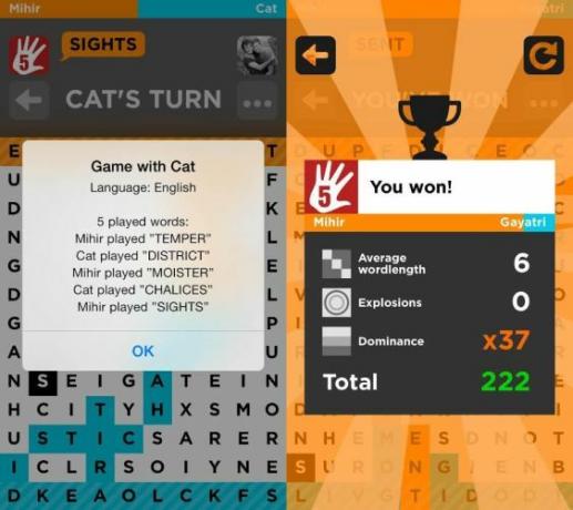 Wordbase-pentru-iOS-Played Cuvinte-list-Winner ecran