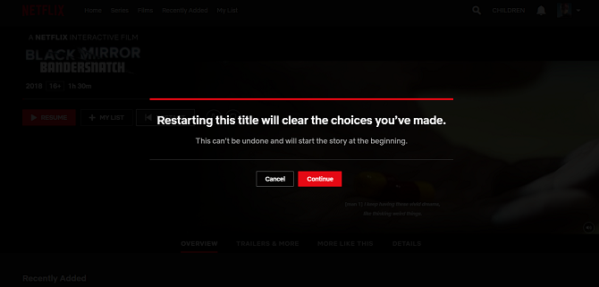 Dialog de repornire Netflix Black Mirror: Bandersnatch