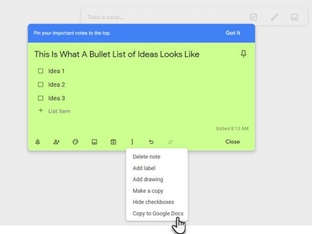 Google Keep cu Google Docs