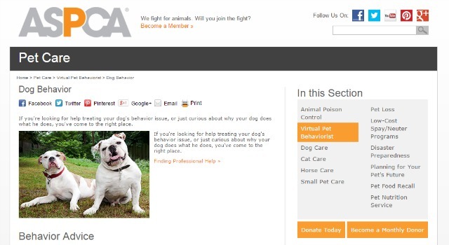 Site-ul ASPCA pentru comportamentul animalelor de companie