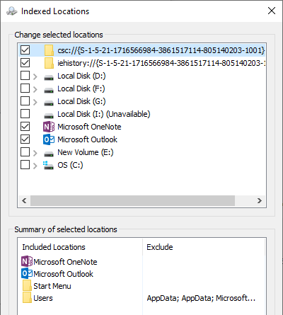 Windows directorii locații de căutare index
