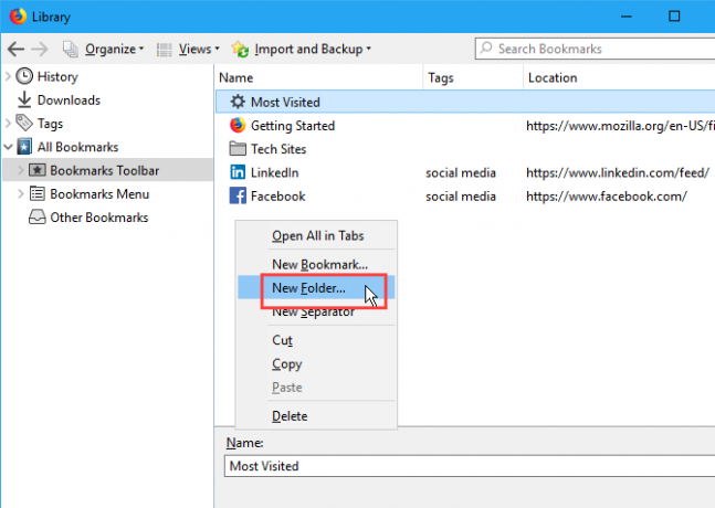 Creați un nou folder în caseta de dialog Biblioteca din Firefox