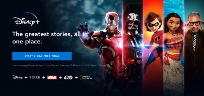 Banner Disney+ cu butonul de încercare gratuită de șapte zile