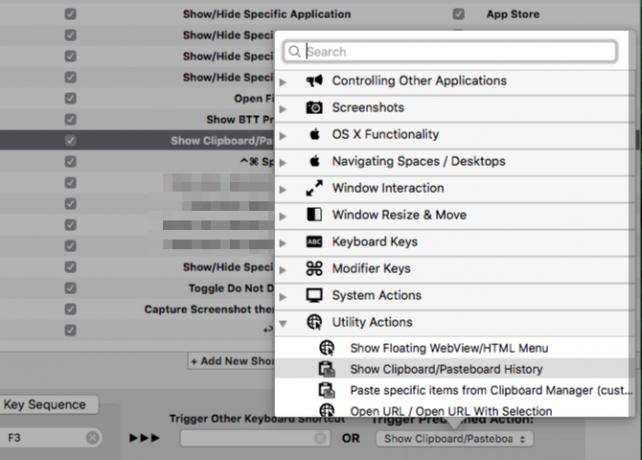 Lista acțiunilor prestabilite în BetterTouchTool pe macOS