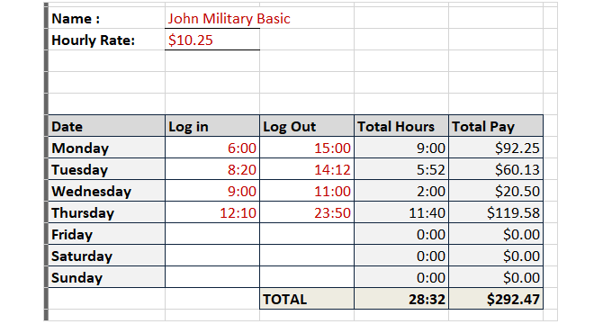 șablon de foaie de timp ore de urmărire timp militar nu există pauze excel