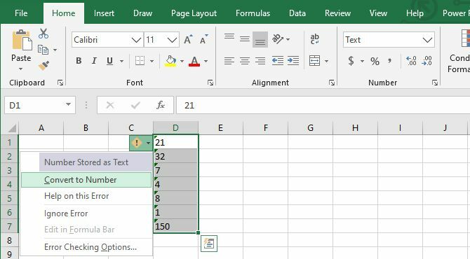 Conversia textului în număr utilizând avertismentul afișat în celulele Excel.