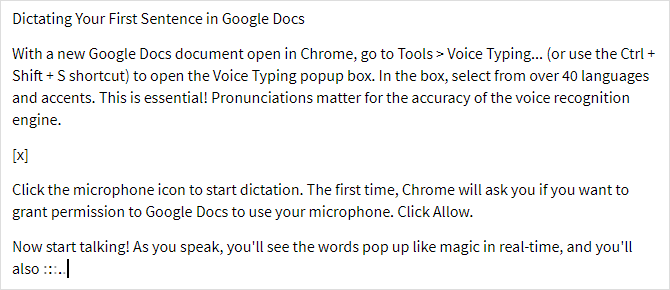 Comunicarea vocală Google Doc: o armă secretă pentru productivitate, exemplu de scriere vocală Google Docs