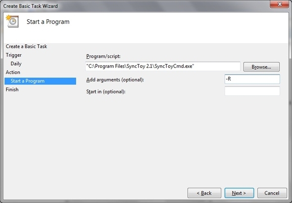 SyncToy: Soluția simplă de backup și sincronizare Microsoft [Windows] Scheduler Creați o sarcină de bază Acțiune Start program Localizați folderul