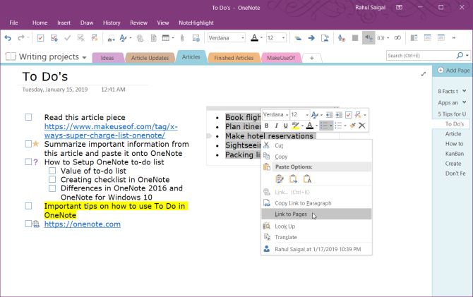 link către pagini din OneNote 2016