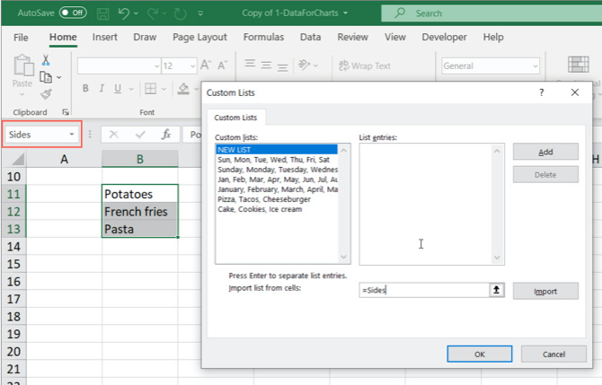 Importarea listelor personalizate Excel Celule numite