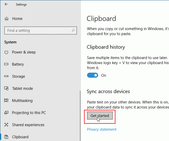 Faceți clic pe Începeți în Sincronizare pe dispozitivele pentru clipboard-ul Windows 10