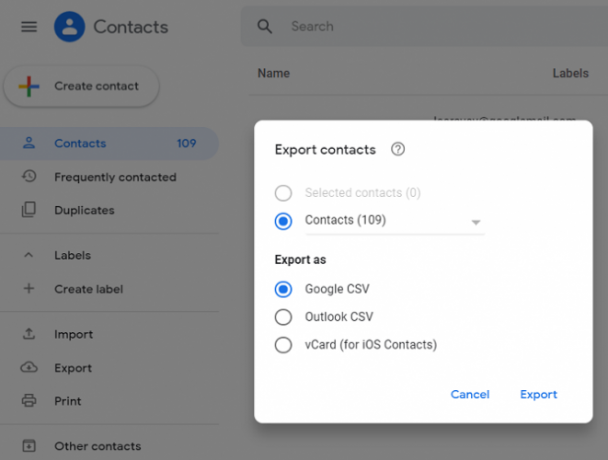 opțiuni de export de contacte Google