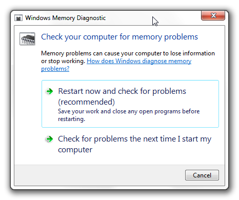 Opțiuni de diagnosticare a memoriei Windows