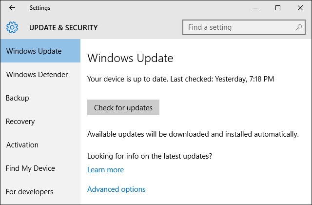 Setări Windows 10 Windows Update