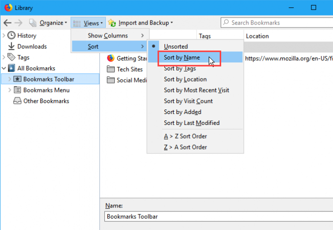 Sortează marcajele după nume în caseta de dialog Biblioteca din Firefox
