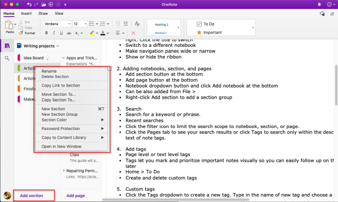 adăugați secțiune la OneNote Mac