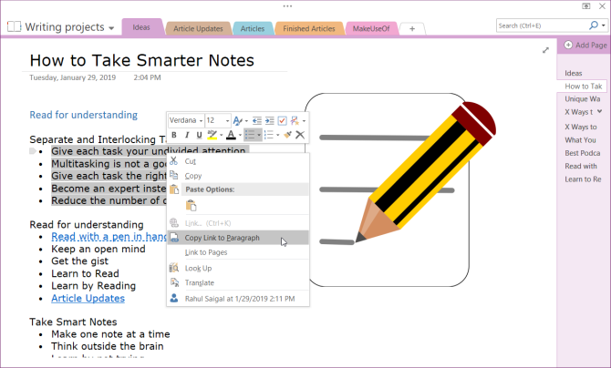 copie linkul la paragraful din OneNote