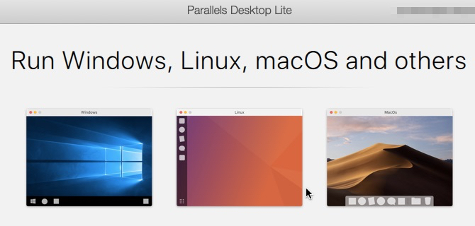 Ecran de pornire în Parallels Desktop Lite pe macOS