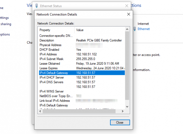 detalii despre conexiunea de rețea Windows router address address