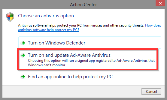 10 Windows Action Center - Alegeți opțiunea antivirus